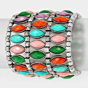 Antique Silver + Multicolor Crystal Cluster Stretch Bracelet